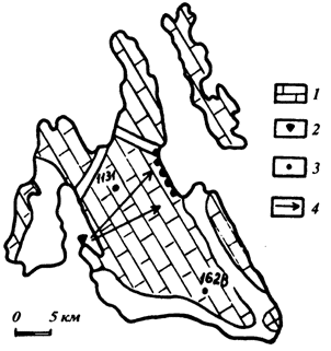 Рис. 33. Поглощение и выходы морских вод на о-ве Кефалиния (по А. Бегли,1978).